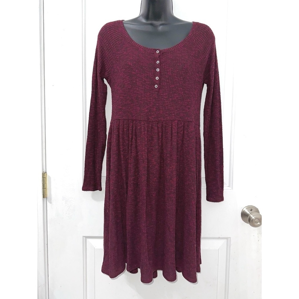 American Eagle Maroon ribbed knit, long-sleeve babydoll dress